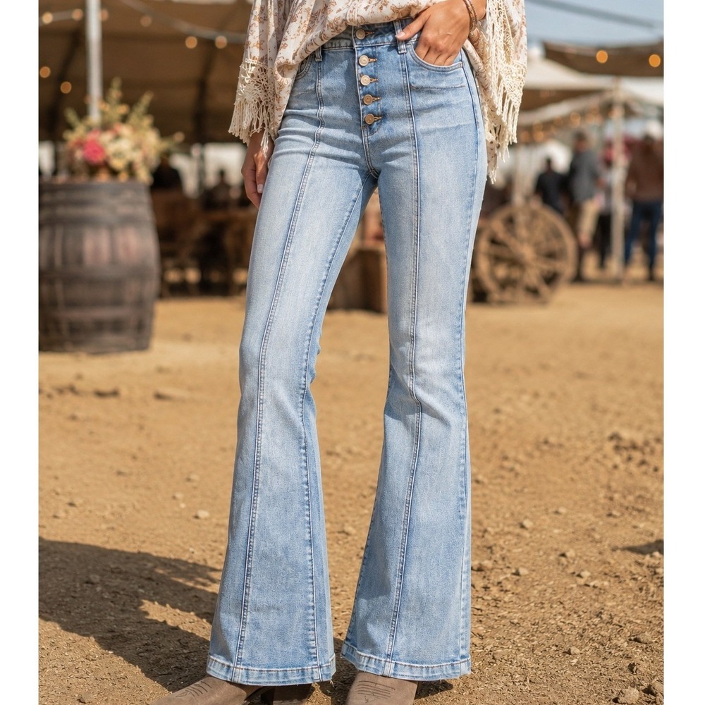 Elite Jeans Women Light Wash Flare Button Fly Front Seam Denim Pleated Size 9/29